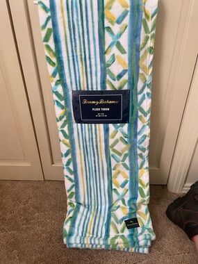 Tommy Bahama Plush Throw in Blue, Green & Yellow Stripes